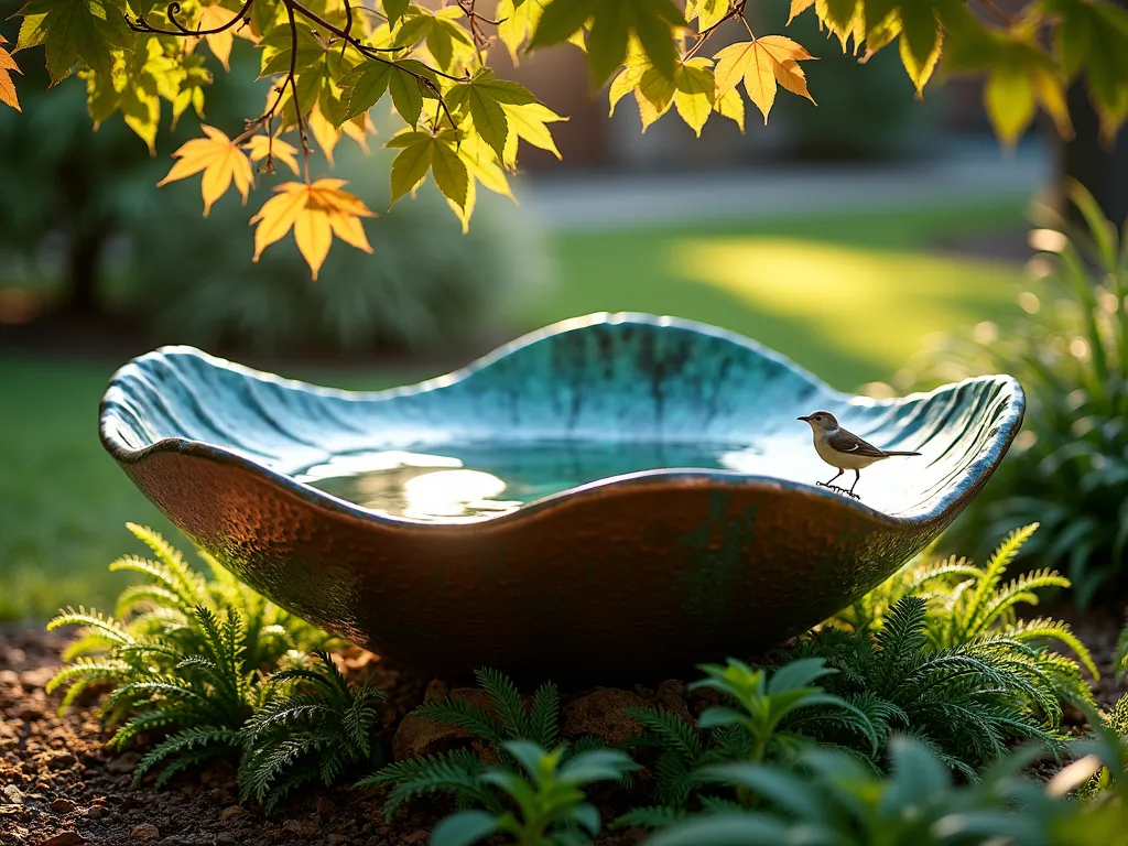 Elegant Copper Leaf Bird Bath - A stunning garden scene featuring a large, artisanal hammered copper bird bath sculpted in the form of a natural leaf, with gentle ripples and organic grooves. The copper has a beautiful verdigris patina in varying shades of green and turquoise. The bath is positioned beneath a Japanese maple tree casting dappled shade, with ornamental grasses and ferns surrounding its base. The scene is captured during golden hour, with soft lighting highlighting the metallic sheen of the copper. A small songbird perches delicately on the leaf's edge, its reflection visible in the still water.