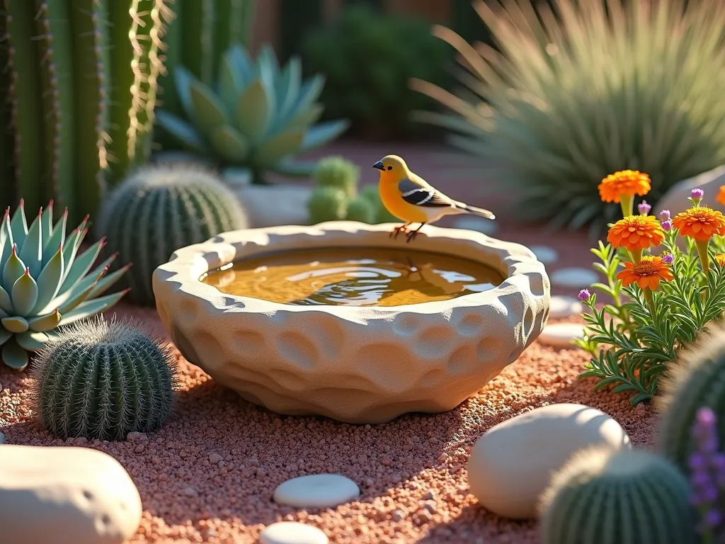 Desert Bird Bath Oasis - A stunning desert garden scene featuring a natural-looking sandstone bird bath that resembles a weathered rock pool. The shallow basin has gentle, organic curves and a warm, sand-colored finish. Surrounding the bird bath are expertly arranged succulents including blue agave, barrel cacti, and echeveria in varying sizes. Desert marigolds and purple sage provide pops of color. The scene is accented with smooth river rocks and reddish desert pebbles creating natural-looking pathways. Golden afternoon sunlight casts subtle shadows, while a small house finch perches on the bath's edge. Photorealistic, high detail, soft natural lighting, 4K resolution.