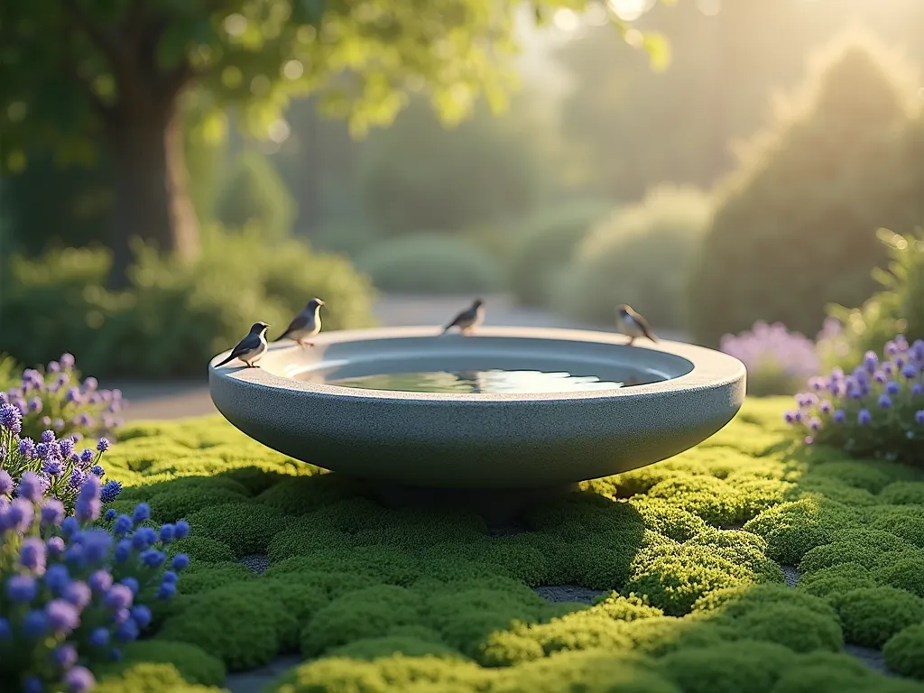 Floating Bird Bath Garden Oasis - A magical garden scene featuring a modern circular bird bath that appears to float mysteriously above a lush carpet of creeping thyme and Irish moss. The polished concrete or brushed metal basin hovers elegantly above delicate ground cover plants, with hidden support creating a compelling illusion. Soft morning light filters through, casting gentle shadows on the crystal-clear water. Purple and blue flowering creepers weave through the ground cover, while small birds perch along the bath's edge. Photorealistic, high-end landscape photography style, soft bokeh background with dappled sunlight.