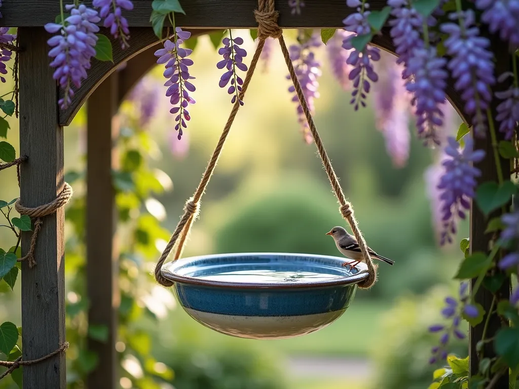 Suspended Ceramic Bird Bath with Trailing Vines - A serene garden scene featuring a large, artisanal blue and white ceramic bowl suspended by natural rope from a weathered wooden pergola beam. The handcrafted bird bath catches morning light, casting delicate reflections on the water's surface. Purple wisteria and green jasmine vines gracefully cascade around the structure, creating a living frame. The composition is captured in a dreamy, soft photographic style with natural bokeh effect, showcasing the artistic blend of functional bird bath and garden aesthetics. A small finch perches on the bowl's rim, adding life to the scene.