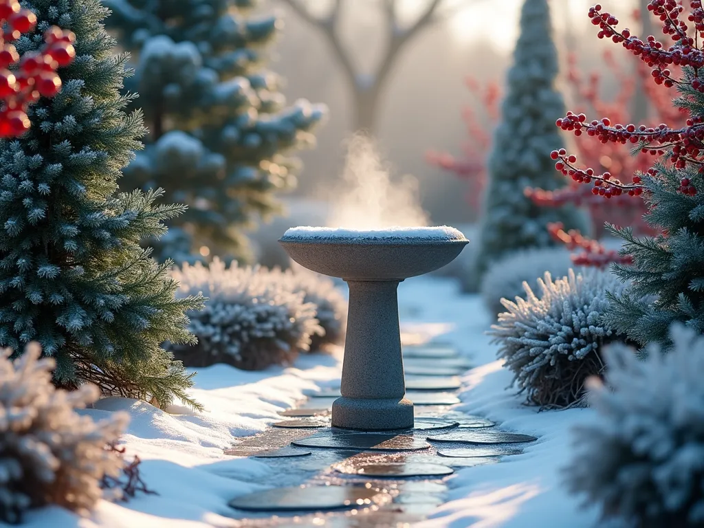 Four-Season Heated Bird Bath with Winter Garden - A serene garden scene featuring a modern stone bird bath with subtle steam rising from heated water, surrounded by frost-dusted evergreen shrubs and red winterberry holly. The composition includes elegant blue spruce, golden cypress, and clusters of bright red berries against snow. Soft morning light creates a magical winter atmosphere with natural stone pathways leading to the bird bath. Photorealistic, nature photography style.