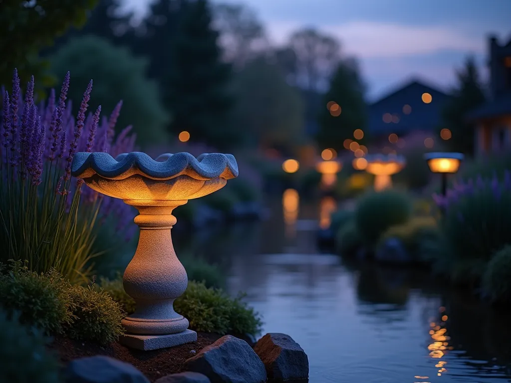 Illuminated Garden Bird Bath at Twilight - A serene garden scene at dusk featuring an elegant stone bird bath with softly glowing LED lights embedded around its base. The bird bath is surrounded by ornamental grasses and lavender, creating gentle silhouettes. Solar-powered pathway lights create a warm, magical atmosphere with their subtle golden glow reflecting off the water's surface. The twilight sky transitions from deep blue to purple, while fireflies dance in the background. Soft focus bokeh effect enhances the magical evening ambiance.