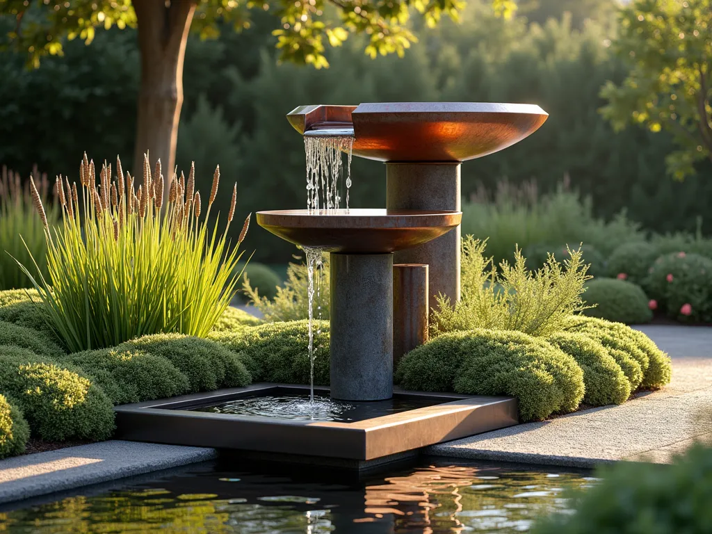 Industrial Metal Bird Bath Garden - A stunning modern garden scene featuring an architectural bird bath made from weathered steel pipes and industrial metal plates, water gracefully cascading down copper-tinted tiers. Surrounded by ornamental grasses and angular steel planters with flowing fountain grass, dramatic side lighting, shallow water pool reflecting evening light, contemporary garden design, photorealistic, high-end landscape photography style