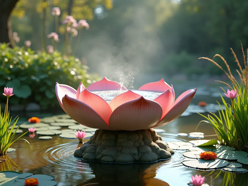 Lotus Flower Bird Bath Garden Haven - A serene garden scene with a large ornate bird bath sculpted in the form of a blooming lotus flower, photographed in soft morning light. The bath features gentle sloping pink-tinted ceramic petals that double as perches, with water cascading between layers. Small lily pads and tiny floating lotus blossoms drift in the crystal-clear water. The base is surrounded by lush marginal plants including Japanese iris, marsh marigolds, and decorative grasses. Mist hovers above the water surface, creating an ethereal atmosphere. Photorealistic, high-detail garden photography style.