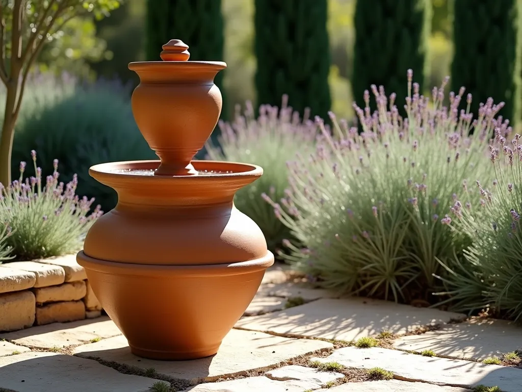 Mediterranean Terra Cotta Bird Bath Garden - A sun-drenched Mediterranean garden setting featuring an artistically stacked arrangement of warm terra cotta pots and saucers creating a rustic bird bath. The largest pot serves as the base, topped with progressively smaller saucers creating a tiered effect. Clear, sparkling water in the topmost saucer. Surrounded by silvery-green lavender, rosemary bushes, and drought-resistant ornamental grasses. Warm afternoon light casting long shadows across textured stone pavers. Architectural cypress trees in the background. Photorealistic, high-detail garden photography style.