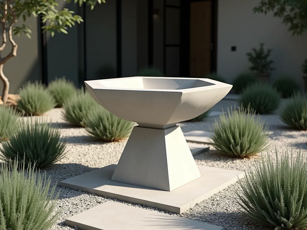 Modern Geometric Bird Bath Garden - A sleek, angular concrete bird bath with hexagonal base and minimalist design set in a contemporary garden space. The bird bath features clean geometric lines and a shallow basin made of polished concrete. Surrounded by architectural grasses and low-growing succulents arranged in geometric patterns. Soft morning light casts subtle shadows, highlighting the modern sculptural form. The background shows a modern house facade with large windows. Photorealistic, high-end landscape design photography style.