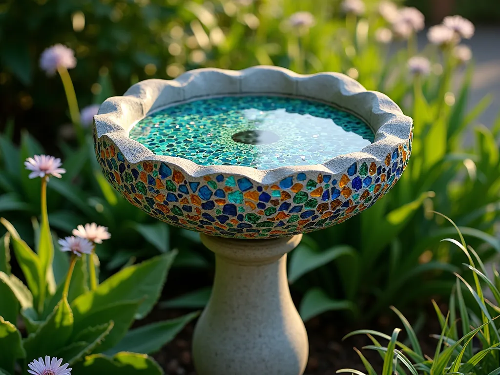 Sparkling Mosaic Bird Bath Garden Feature - A beautiful garden scene featuring a elegant concrete bird bath adorned with a vibrant mosaic pattern made from recycled glass pieces in shades of cobalt blue, emerald green, and amber. The mosaic catches the sunlight creating a mesmerizing sparkle effect, surrounded by lush garden plantings. The bird bath is photographed from a slight angle to showcase the intricate mosaic detail and its artistic craftsmanship. Soft natural lighting creates rainbow prisms through the glass pieces, photorealistic style, high-end garden decor, 4K quality.