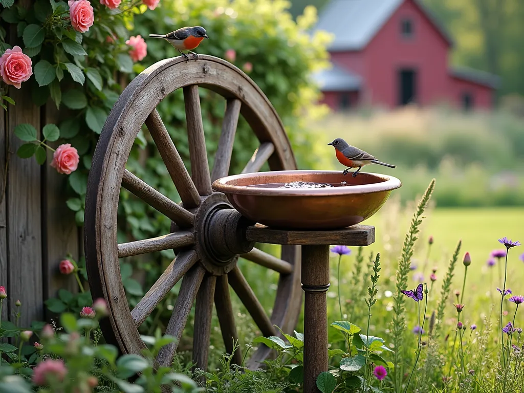 Rustic Wagon Wheel Bird Bath - A charming garden scene featuring a weathered wooden wagon wheel transformed into an artistic bird bath, positioned among wildflowers and ornamental grasses. The wheel stands vertically with a vintage copper basin nestled in its center, filled with sparkling water. Morning sunlight filters through the scene, casting dappled shadows across the rustic garden setting. Two small birds perch on the wheel's aged spokes while butterflies flutter nearby. The background shows a rustic wooden fence with climbing roses and a distant red barn, creating a dreamy country garden atmosphere.