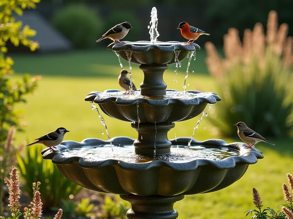 Elegant Solar Cascading Bird Bath - A stunning three-tiered stone bird bath fountain in a lush garden setting, with water gracefully cascading from each level, illuminated by warm afternoon sunlight. The solar panel is discretely integrated into the design. The fountain is surrounded by ornamental grasses and flowering perennials. Several small birds are perched on the edges, while water droplets create a sparkling effect in the sunlight. The scene is captured from a slightly low angle to emphasize the fountain's elegance and the peaceful garden atmosphere.