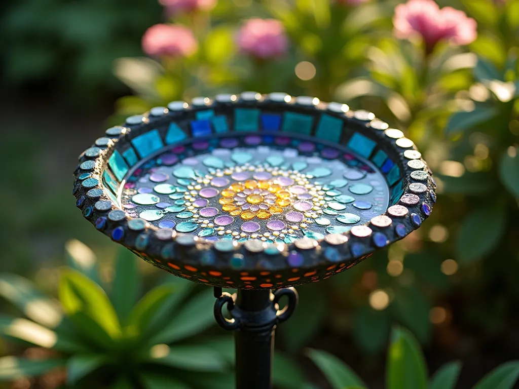 Stained Glass Bird Bath Garden Feature - A stunning garden scene featuring an artistic bird bath with a shallow, mosaic-style bowl adorned with jewel-toned stained glass pieces in blues, purples, and amber. The bowl sits atop an elegant wrought iron stand, casting colorful light patterns on the surrounding garden. Soft morning sunlight filters through the glass pieces, creating a magical kaleidoscope effect on the water's surface. The scene is photographed from a slight angle to capture both the beautiful glass detail and the play of light, cinematic lighting, professional garden photography, high detail