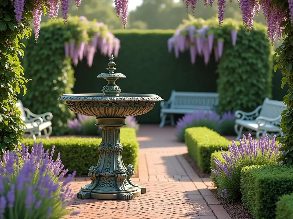 Elegant Victorian Bird Bath Garden - A grand ornate Victorian-style bird bath in antique bronze and sage green, featuring intricate scrollwork and classical cherub details. The bird bath is set in a formal garden with brick pathways, surrounded by blooming lavender, heirloom roses, and boxwood hedges. Soft evening light casts gentle shadows across the detailed metalwork, while delicate climbing wisteria frames the scene. The garden has a symmetrical design with perfectly manicured topiaries and period-authentic wrought iron benches in the background. Photorealistic, highly detailed, architectural beauty.