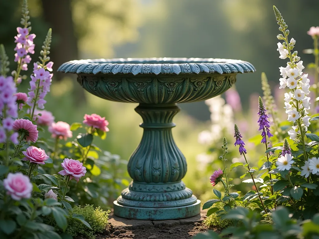 Victorian Cast Iron Bird Bath in Cottage Garden - A stunning vintage cast iron pedestal bird bath with intricate Victorian scrollwork and a weathered verdigris patina, centered in a dreamy cottage garden. Delicate pink roses, purple delphiniums, and white foxgloves surround the base, creating a romantic English garden atmosphere. Soft morning light filters through the flowers, casting gentle shadows on the ornate basin. Photorealistic, high detail, shallow depth of field, f/2.8 aperture, soft garden lighting.