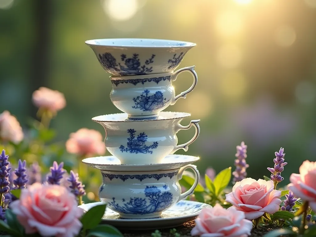 Vintage Teacup Bird Bath Tower - A whimsical garden scene featuring a tall, artistically stacked tower of vintage porcelain teacups and saucers in delicate patterns of blue and white, topped with a larger decorative bowl serving as a bird bath. The tower stands approximately 3 feet tall against a dreamy cottage garden backdrop with soft bokeh effect. Morning sunlight filters through, creating a magical, fairytale atmosphere. Small water droplets glisten on the porcelain surfaces. The base is surrounded by blooming English roses and lavender, creating an enchanted Alice in Wonderland aesthetic. Photorealistic, high detail, soft morning lighting, cottagecore style.