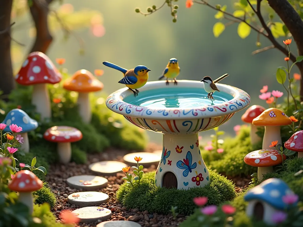 Whimsical Children's Bird Bath Garden - A magical garden scene featuring a hand-painted ceramic bird bath with rainbow swirls and butterflies, surrounded by child-sized mushroom seats and tiny fairy doors at the base. Colorful stepping stones lead to the bird bath, while delicate wind chimes hang from nearby branches. Small educational plaques with cheerful bird illustrations are nestled among bright flowers. The scene is captured in soft, morning light with a dreamy, storybook quality. Small birds perch on the bath's rim while iridescent dragonflies hover nearby.