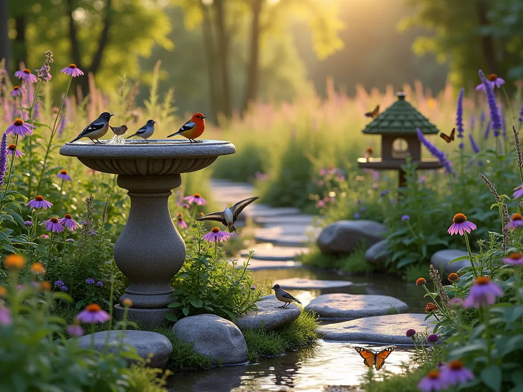 Serene Wildlife Sanctuary Garden - A tranquil garden sanctuary photographed in golden morning light, featuring a natural stone bird bath as the centerpiece. The bath has multiple tiers with varying water depths surrounded by blooming native wildflowers and ornamental grasses. Rustic wooden perches and small branches extend near the water. Purple coneflowers, black-eyed susans, and butterfly bushes create a lush backdrop. Several birds of different species gather around the bath while butterflies hover nearby. Natural stone pathways wind through the garden, with a small feeding station discreetly placed among native ferns and shrubs. Photorealistic, soft bokeh effect, nature photography style.