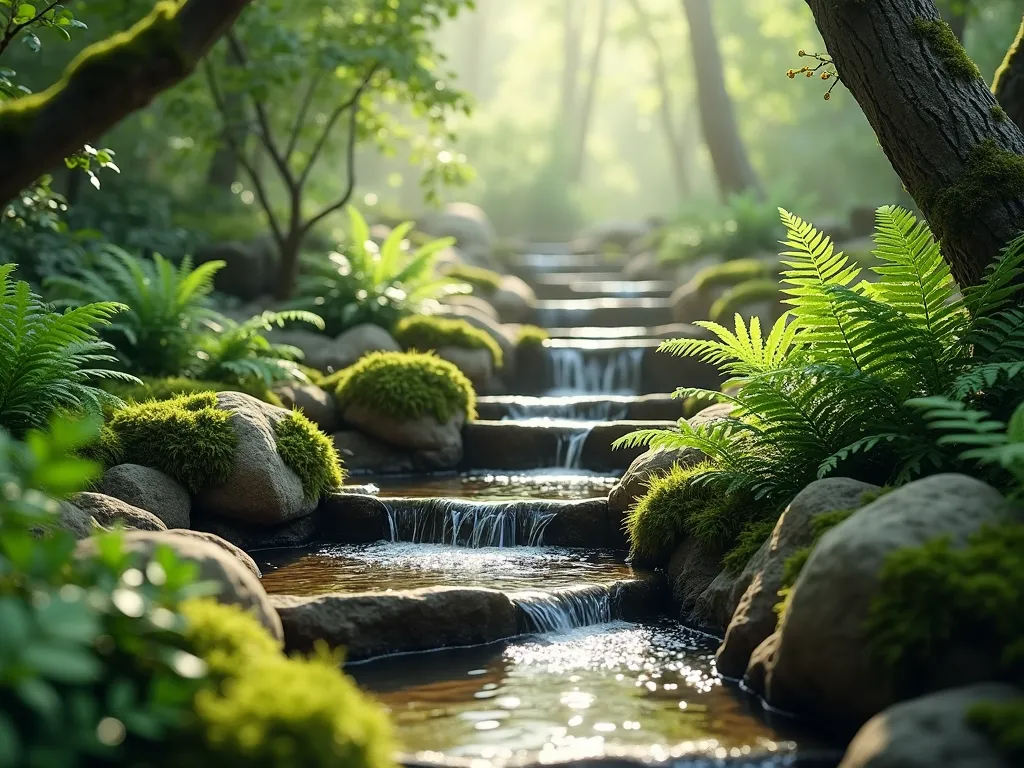 Enchanted Woodland Stream Bird Bath - A serene garden scene featuring a naturally curved series of shallow stone pools cascading like a woodland stream, surrounded by lush ferns and verdant moss. Dappled sunlight filters through overhead tree canopy, creating a magical forest atmosphere. Natural stone edges are weathered and partially covered with emerald moss. Native ferns unfurl their fronds around the pools' edges, while tiny water ripples catch the filtered light. Photorealistic, high detail, soft natural lighting, 4k