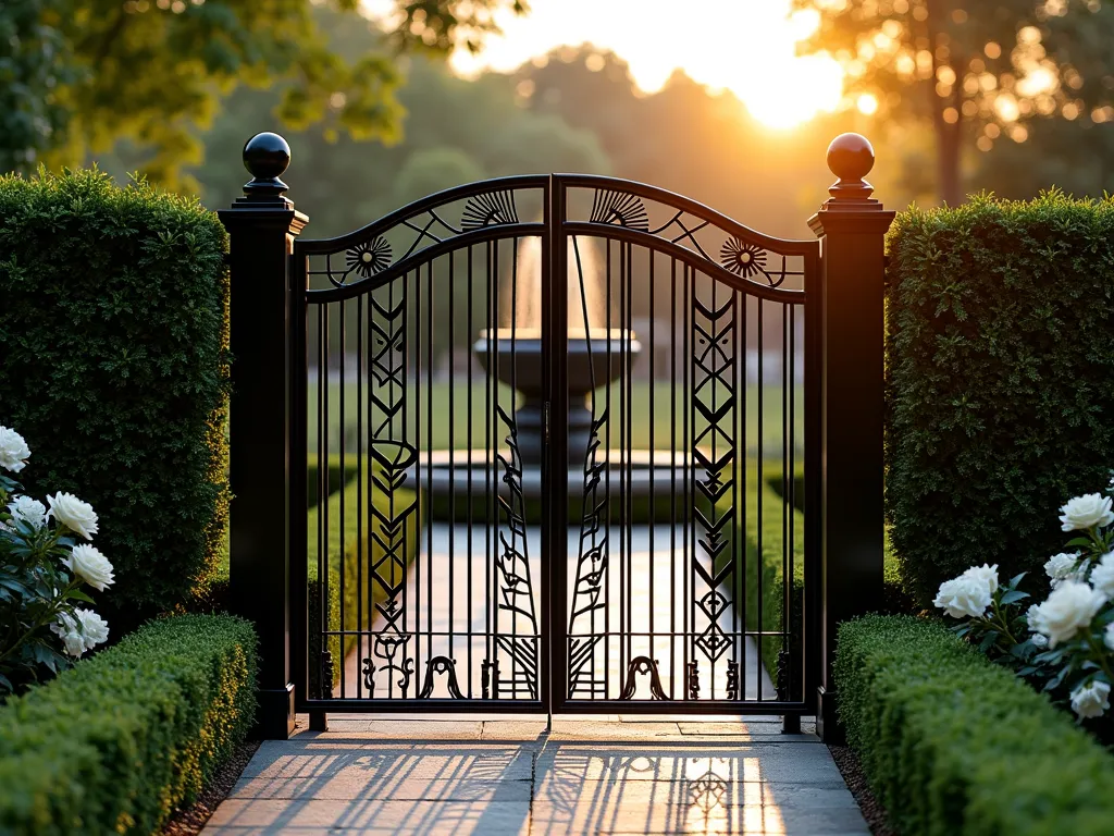 Art Deco Black Metal Garden Fence - Elegant black metal garden fence with intricate Art Deco geometric patterns featuring zigzags, sunbursts, and stepped forms, photographed during golden hour. The 6-foot tall panels create a sophisticated boundary against a manicured formal garden with trimmed boxwood hedges and white roses. Wide-angle view showing the fence's dramatic shadows cast on a stone path, with a classical fountain in the background. The metalwork displays a high-gloss black finish that catches the warm evening light, emphasizing the bold architectural lines and symmetrical design. Modern interpretation of 1920s glamour in an outdoor setting.