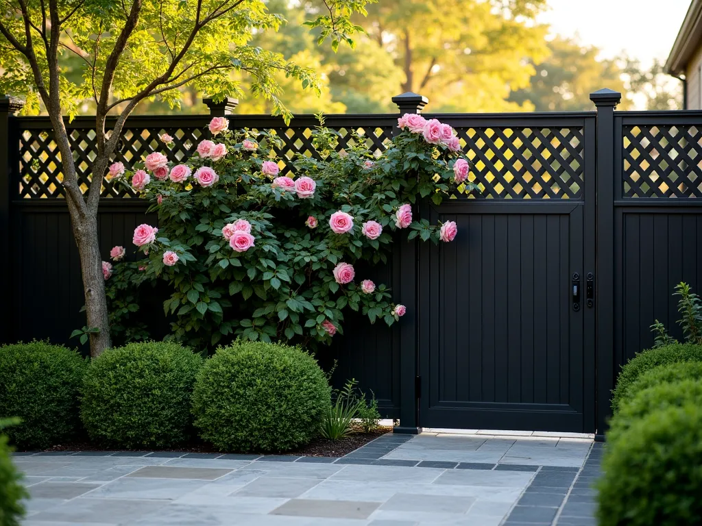 Modern Black Lattice Garden Screen with Climbing Roses - A sophisticated black-painted wooden lattice fence panel photographed during golden hour, creating elegant shadows. The lattice features a classic diagonal pattern and stands 7 feet tall, partially covered with blooming pink climbing roses and emerald ivy. The fence serves as a privacy screen for a well-manicured garden space, with soft landscape lighting illuminating the climbing plants. A modern granite paver patio visible in the foreground contrasts beautifully with the dark lattice, while mature boxwood shrubs line its base. The scene captures the perfect balance between traditional garden elements and contemporary design, shot from a slight angle to showcase depth and dimensionality.