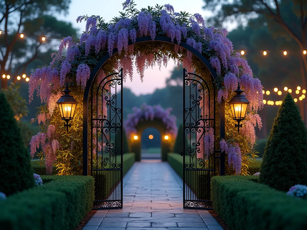 Elegant Black Garden Gate Arbor with Climbing Roses - A stunning twilight photograph of a majestic 8-foot tall black metal garden arbor with ornate scrollwork and integrated gate panels, creating a grand entrance to a formal garden. The structure features climbing New Dawn roses and purple wisteria in full bloom, their tendrils gracefully winding around the metalwork. Soft landscape lighting illuminates the arbor from below, casting intricate shadows on the stone path beneath. The wide-angle composition captures perfectly manicured boxwood hedges flanking both sides, while string lights draped through nearby trees create a magical backdrop. Shot with shallow depth of field focusing on the detailed metalwork and blooming flowers, with a dreamy bokeh effect in the background garden.