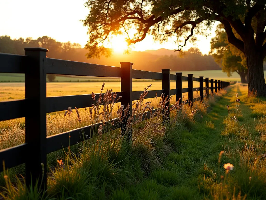 Elegant Black Post and Rail Garden Fence - A sophisticated rustic garden scene at golden hour featuring a black-stained timber post and rail fence stretching into the distance. The fence follows gentle rolling terrain, with tall ornamental grasses and wildflowers softening its base. Wide-angle shot capturing the fence's clean horizontal lines against a warm sunset sky. The three-rail design maintains an open, airy feel while clearly defining the property boundary. Native meadow flowers sway in the foreground, while mature oak trees create a natural backdrop. The black-stained finish adds modern sophistication to the traditional ranch-style fencing, creating striking silhouettes against the pastoral landscape.