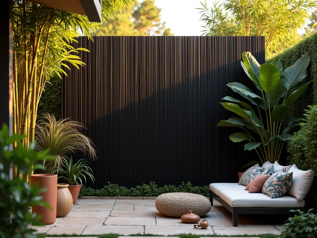 Modern Black Reed Privacy Screen in Tropical Garden - A close-up perspective of an elegant black-stained bamboo reed privacy screen in a lush garden setting during golden hour. The screen features tightly bound natural reeds with a sophisticated matte black finish, creating striking shadows on the garden floor. Surrounding the screen are tropical plants including tall bamboo, birds of paradise, and flowing ornamental grasses. The warm evening light filters through the reeds, creating an intimate and exotic atmosphere. The modern screen is positioned on a natural stone patio with scattered ceramic planters and bohemian outdoor cushions, perfectly blending contemporary design with organic elements.