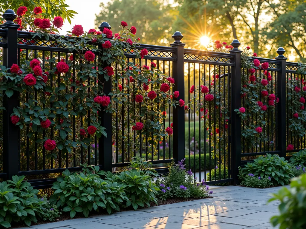 Elegant Black Trellis Garden Wall with Climbing Roses - A stunning backyard garden scene at golden hour featuring a sophisticated black metal trellis wall with intricate diamond lattice patterns, photographed at f/2.8 with a 16-35mm lens. Deep crimson climbing roses and purple clematis intertwine gracefully through the geometric framework, creating a living tapestry against the matte black metalwork. Soft evening sunlight filters through the foliage, casting delicate shadows on the natural stone patio below. The trellis spans 12 feet in height, its architectural presence enhanced by professional garden lighting that highlights the structural elements. Lush green garden beds frame the base, while the perspective captures both the grand scale and intimate details of the blooming vertical garden.