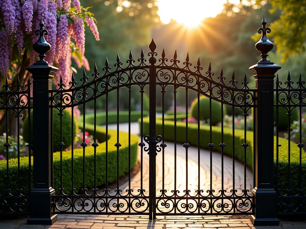 Elegant Victorian Black Iron Garden Fence - A stunning black wrought iron fence with intricate Victorian scrollwork and ornate finials, photographed during golden hour. The fence features elaborate curved patterns and decorative spear points, standing approximately 6 feet tall. Behind the fence, a formal English garden with perfectly manicured boxwood hedges and climbing roses creates a sophisticated backdrop. The late afternoon sun casts dramatic shadows through the ironwork onto a brick pathway, while purple wisteria gently drapes over one section of the fence. Shot from a medium angle to showcase both the detailed metalwork and the garden context, with the fence running diagonally through the frame. The black glossy finish of the fence gleams in the warm light, emphasizing its timeless elegance and architectural detail.