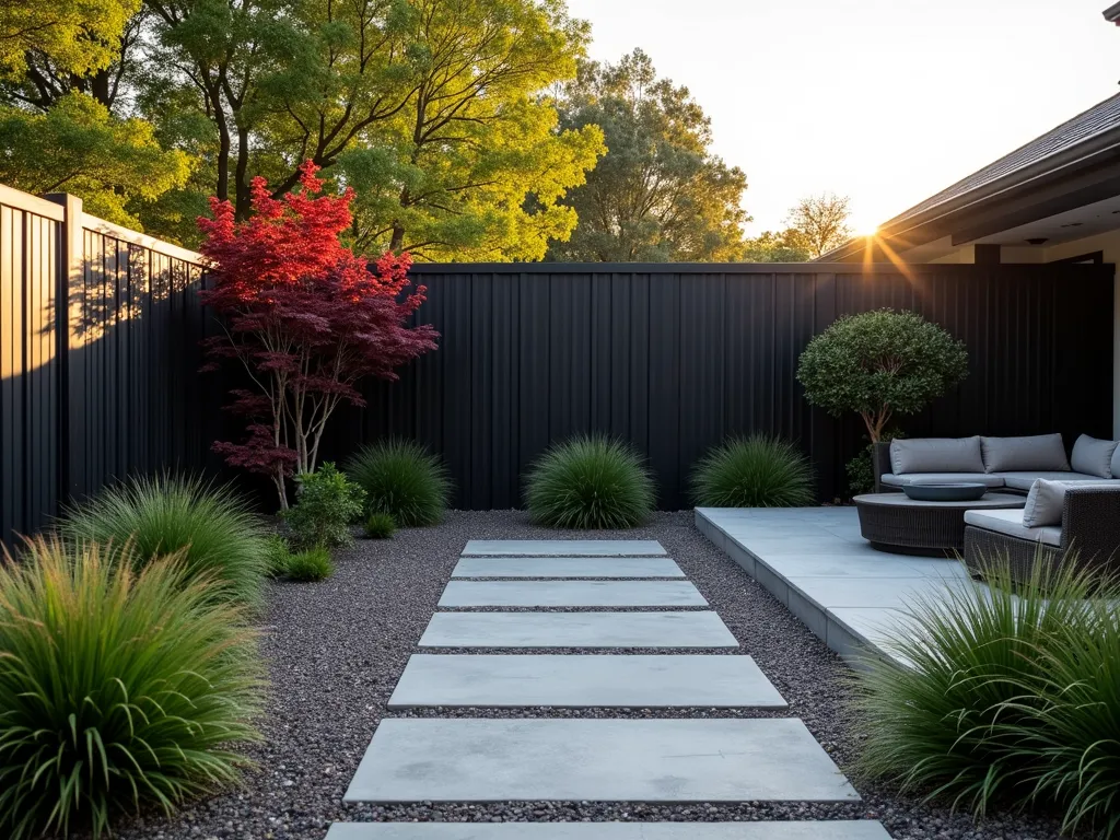 Modern Black Steel Panel Garden Fence - A stunning minimalist garden scene at golden hour featuring sleek matte black steel fence panels with subtle vertical lines, photographed with a wide-angle lens. The 7-foot tall panels create a sophisticated geometric backdrop against a contemporary landscape design. In the foreground, architectural ornamental grasses sway gently, while Japanese maple provides a striking burgundy contrast against the black fence. Clean lines of crushed granite pathways intersect with geometric concrete pavers, leading to a modern seating area. Strategic uplighting casts dramatic shadows on the fence's textured surface. The composition showcases the fence's clean industrial aesthetic while highlighting its role in creating an intimate, modern outdoor living space. Shot with DSLR camera, f/8, ISO 100, 1/125 sec, capturing the warm glow of sunset reflecting off the steel panels.