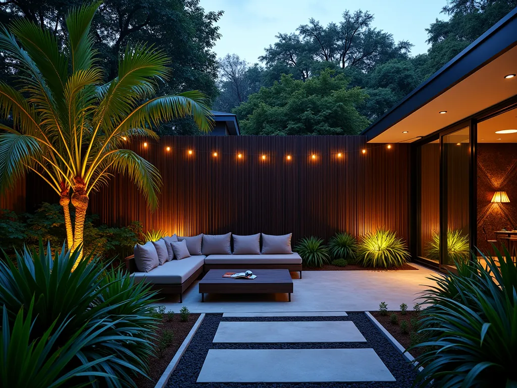 Modern Black Bamboo Garden Screen at Dusk - A stunning twilight garden scene featuring a sleek black-stained bamboo screen fence, photographed with a wide-angle 16-35mm lens at f/2.8. The 8-foot-tall bamboo screen creates dramatic shadows against warm landscape lighting. Tropical plants including bird of paradise and Japanese forest grass sway gently in the foreground. Modern concrete pavers lead to a contemporary seating area. Soft uplighting illuminates the rich, ebony-stained bamboo texture, while string lights draped overhead create a magical atmosphere. Captured during blue hour with subtle motion blur in the foliage, ISO 400 creating perfect exposure balance.