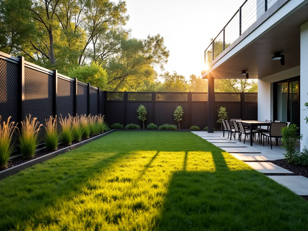 Modern Black Chain Link Privacy Fence - Wide-angle DSLR photograph of a contemporary backyard at golden hour, featuring a sleek black chain link fence with matching black privacy slats creating a modern boundary. The fence stretches across the entire width, casting subtle shadows on a manicured lawn. Modern outdoor furniture and raised garden beds with ornamental grasses line the perimeter. Natural sunlight filters through, creating a warm, inviting atmosphere. Shot at f/8, ISO 100, capturing the clean lines and sophisticated aesthetic of the privacy solution. The black fence provides a striking contrast against lush green vegetation and white architectural elements.