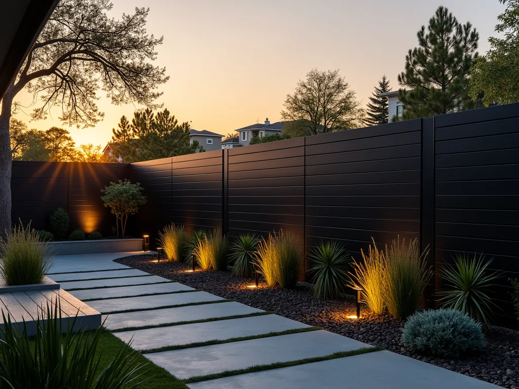 Modern Black Composite Privacy Fence at Sunset - A stunning contemporary backyard scene at golden hour, featuring a sleek matte black composite privacy fence with clean horizontal lines. The 6-foot-tall fence creates a sophisticated backdrop for a modern garden landscape. Shot with dramatic side lighting highlighting the fence's clean lines and textural detail. The fence is complemented by architectural ornamental grasses and minimalist landscaping. A few strategically placed modern outdoor lights illuminate the fence's surface. Captured with a wide-angle perspective showing the fence's impressive span, with shallow depth of field focusing on the fence's pristine surface texture. Professional photo with warm sunset colors reflecting off the fence's deep black finish.