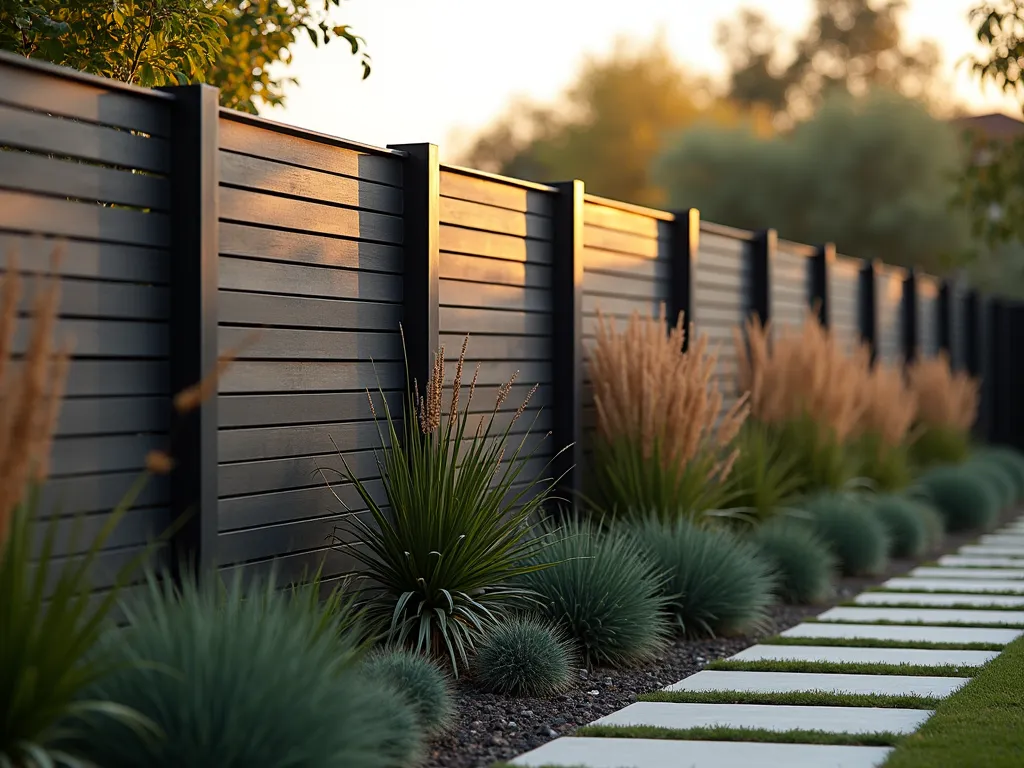 Modern Black Concrete and Steel Garden Fence - A stunning modern garden fence photographed during golden hour, featuring sleek black-stained concrete posts intersected with dark steel panels, creating a sophisticated industrial-modern boundary. The minimalist fence is complemented by tall ornamental grasses and contemporary landscaping. A wide-angle shot captures the dramatic interplay of light and shadow on the fence's surface, while architectural succulents in the foreground add depth. The fence's clean lines are softened by the warm evening light, highlighting the textural contrast between the smooth concrete and the metallic steel panels. Shot with shallow depth of field, emphasizing the fence's geometric patterns against a tastefully blurred modern garden setting.