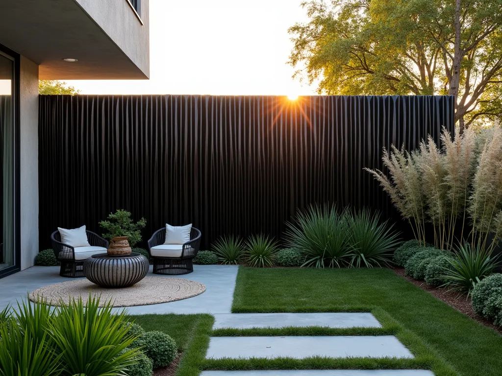 Modern Industrial Black Corrugated Fence - A stunning wide-angle DSLR photograph of a modern backyard featuring a sophisticated black corrugated metal fence during golden hour. The fence's wave-like texture creates dramatic shadows and depth against lush green vegetation. Contemporary outdoor furniture and minimalist landscaping complement the industrial-chic aesthetic. Strategic uplighting illuminates the fence's textural patterns, while tall ornamental grasses and architectural plants create a striking contrast against the dark backdrop. The composition captures the interplay between industrial materials and natural elements, photographed at f/8 with perfect depth of field and crystalline clarity.