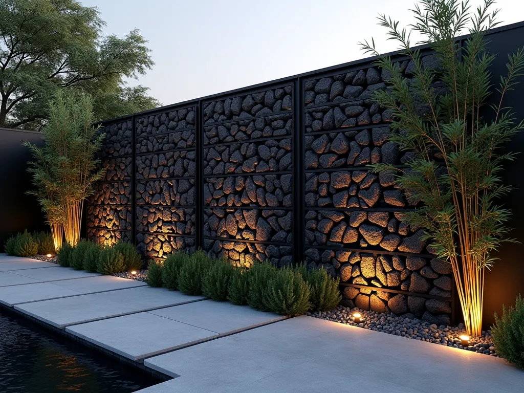 Modern Black Gabion Wall at Dusk - A stunning wide-angle view of a contemporary backyard featuring a sleek black-painted gabion wall fence illuminated by soft evening light. The 6-foot tall modular wall is filled with dark charcoal and slate stones, creating a dramatic geometric pattern. Modern architectural plantings including tall ornamental grasses and bamboo cast gentle shadows on the industrial-style wall. Integrated LED strip lighting subtly highlights the texture of the stones within the metal cages. A minimalist concrete patio and water feature in the foreground complete the zen-like atmosphere. Photorealistic, architectural photography style, dramatic lighting, 8k resolution.