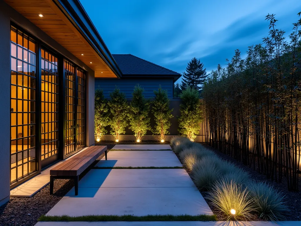 Modern Black Grid Fence with Zen Garden - A stunning twilight photograph of a contemporary backyard featuring a sleek black metal grid fence panel system, captured with a wide-angle lens. The geometric 4x4 square pattern fence stands 7 feet tall, powder-coated in matte black, creating dramatic shadows against warm landscape lighting. Modern concrete pavers lead through a minimalist zen garden with silver grass and black bamboo. The fence is complemented by strategic uplighting and floating wooden bench seating. Shot during blue hour with shallow depth of field highlighting the fence's clean lines against a soft-focus garden background. Photographed with a 16-35mm lens at f/2.8, ISO 400, capturing the interplay of natural and artificial light.