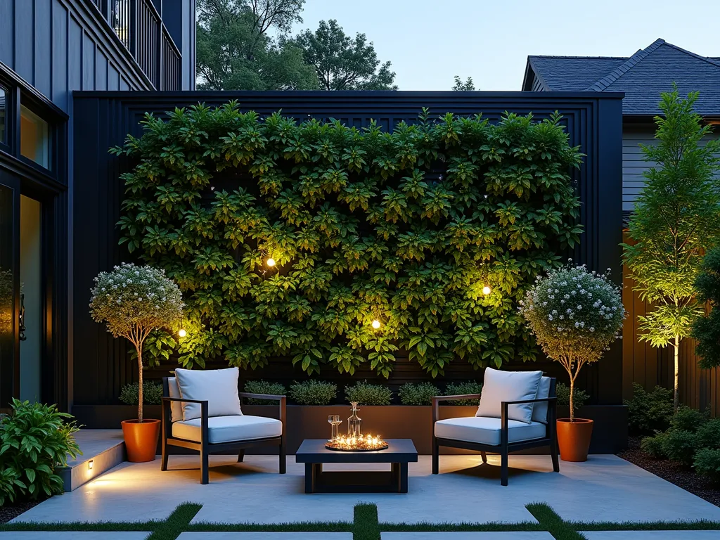 Modern Black Grid Living Wall with Flowering Vines - A stunning twilight photograph of a modern backyard featuring a sleek black metal grid system mounted on a wall, showcasing a mesmerizing array of climbing jasmine, clematis, and ivy. The 16-35mm wide-angle lens captures the full height of the 8-foot living wall, where the geometric black framework is partially visible through the lush foliage. Soft garden lighting illuminates the cascading plants from below, creating dramatic shadows and highlighting the textural contrast between the rigid metal structure and the organic plant growth. Small white clematis flowers sparkle like stars against the emerald greenery, while subtle depth of field emphasizes the architectural elements of the grid system. The contemporary design is complemented by minimal garden furniture and geometric concrete pavers below.