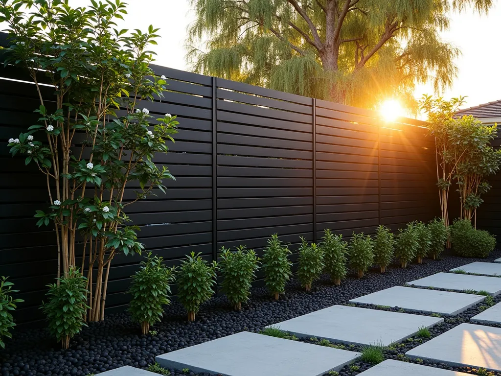 Contemporary Black Horizontal Slat Fence with Climbing Vines - A sophisticated modern garden scene at golden hour featuring a striking matte black horizontal aluminum slat fence spanning 12 feet high. The sleek fence features precise 2-inch gaps between each slat, creating a rhythmic pattern of light and shadow. Delicate jasmine vines weave organically through the horizontal slots, their green foliage and white blooms softening the industrial aesthetic. The fence borders a minimalist zen garden with black river rocks and architectural bamboo. Shot from a 45-degree angle to emphasize the fence's geometric patterns and depth, with warm sunset light filtering through the slats creating dramatic shadows on the light grey concrete pavers below. Captured with a DSLR camera, wide-angle lens, f/8, ISO 100, 1/125s, showcasing professional architectural photography quality with perfect exposure and sharp details.