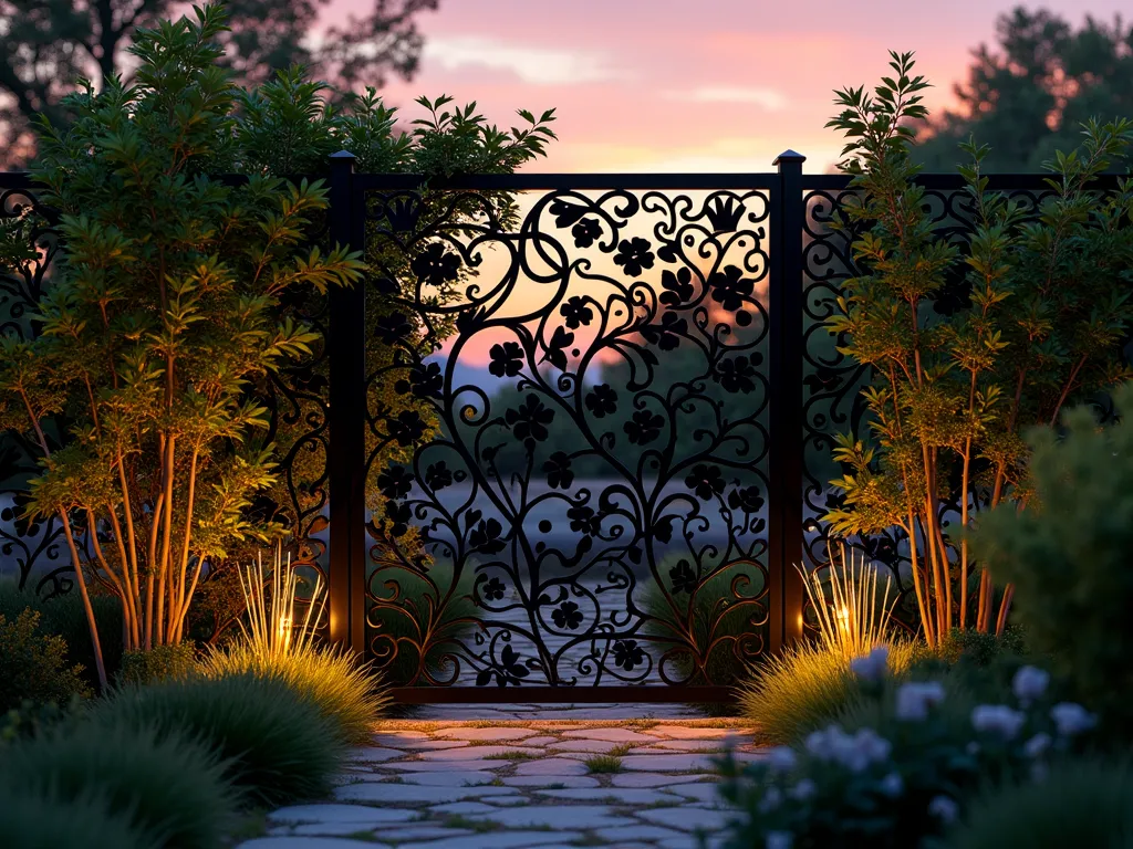 Modern Black Laser-Cut Garden Panel at Dusk - A stunning black laser-cut metal fence panel photographed at dusk in a contemporary garden setting. The intricate botanical pattern features flowing vines, leaves, and flowers, creating dramatic silhouettes against a warm sunset sky. Modern landscape lighting illuminates the panel from below, casting intricate shadows on the nearby garden path. Japanese maples and ornamental grasses frame the scene, while climbing jasmine begins to wind through the decorative metalwork. Shot with a wide-angle lens to capture the full panel's artistic impact, with shallow depth of field emphasizing the detailed craftsmanship. Natural golden hour lighting enhances the contrast between the black metal and the lush garden backdrop.