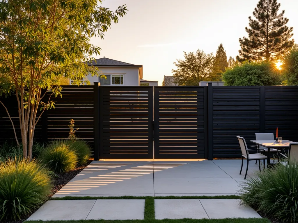 Modern Black Louvered Garden Privacy Screen - A sleek black aluminum louvered fence in a modern backyard garden setting at golden hour. The adjustable horizontal slats cast dramatic shadows across a minimalist concrete patio. In the foreground, architectural grasses and bamboo provide organic contrast against the geometric fence design. The fence features partially rotated louvers demonstrating its adjustability, while modern outdoor furniture and LED accent lighting complete the contemporary scene. Shot with shallow depth of field focusing on the fence detail, capturing the interplay of light and shadow. Photographed in warm evening light with a wide-angle perspective.