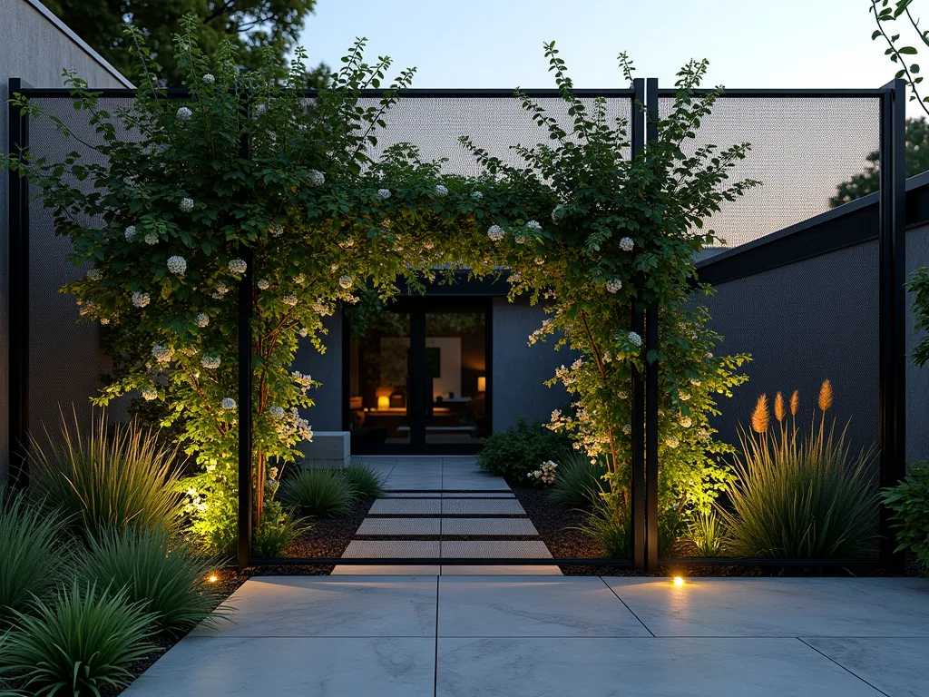 Modern Black Wire Mesh Garden Panel with Climbing Plants - A stunning wide-angle dusk shot of a contemporary garden space featuring sleek black powder-coated wire mesh panels as modern fencing. The panels are 8 feet tall and geometrically arranged, creating an industrial-chic boundary. Lush climbing jasmine and clematis weave through the mesh, their green foliage and white blooms creating an enchanting contrast against the matte black finish. Soft landscape lighting illuminates the plants from below, casting intricate shadow patterns through the mesh onto a modern slate patio. The background shows a minimalist garden design with architectural grasses and concrete planters. The mesh panels are mounted between slim black metal posts, emphasizing the contemporary aesthetic while maintaining an airy, transparent feel.