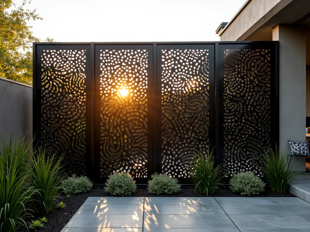 Modern Black Metal Garden Screen with Abstract Design - A stunning architectural photograph of a contemporary garden featuring a large black metal panel fence with intricate laser-cut abstract patterns, casting dramatic shadows on a zen garden below. The sculptural fence panels feature flowing organic curves and geometric shapes, photographed during golden hour with soft backlighting. The 8-foot tall artistic metal screens are complemented by tall ornamental grasses and statement bamboo plants. Clean lines of a modern patio and minimalist outdoor furniture visible in the background. Shot with shallow depth of field focusing on the detailed metalwork, captured with warm evening light filtering through the artistic cutouts.