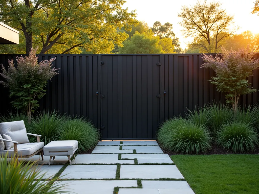 Modern Black Multi-Level Privacy Screen - A stunning modern garden setting at golden hour featuring a sophisticated matte black aluminum privacy screen with dramatic varying heights, ranging from 6 to 8 feet. The fence panels create a rhythmic, wave-like pattern against a lush backdrop of tall ornamental grasses and Japanese maples. Shot at f/2.8 with soft depth of field, capturing the interplay of warm evening light on the fence's geometric patterns. Contemporary outdoor furniture and minimal concrete planters complement the architectural design, while climbing jasmine begins to weave through selective panels. Wide-angle perspective showcases the full dynamic movement of the fence design within the landscape.