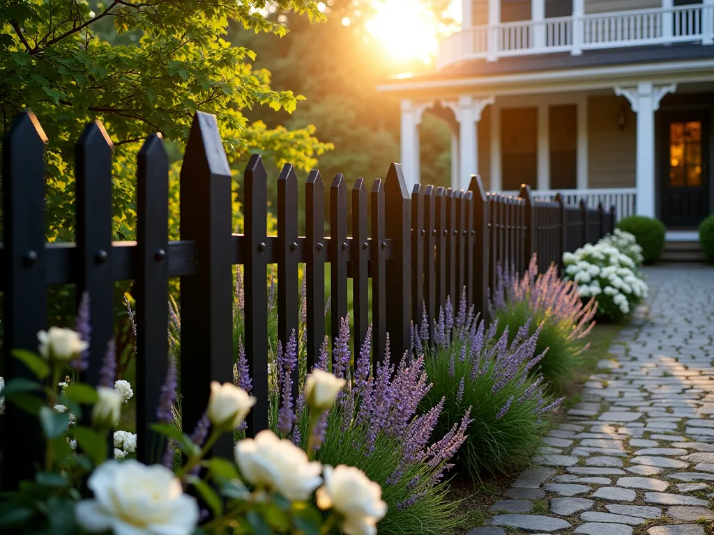 Modern Black Picket Fence with Cottage Garden - A stunning black picket fence photographed during golden hour, featuring a traditional pointed picket design painted in sophisticated matte black. The fence frames a charming cottage garden with blooming lavender and white roses in the foreground. A winding cobblestone path leads to a vintage-style porch, while climbing clematis vines gracefully weave through the pickets. The warm evening light casts dramatic shadows across the fence, highlighting its architectural details. Shot with a wide-angle lens to capture the full garden perspective, with the fence extending into the distance. Professional DSLR photograph with pristine clarity and natural lighting, f/8, ISO 100, 1/125 sec.