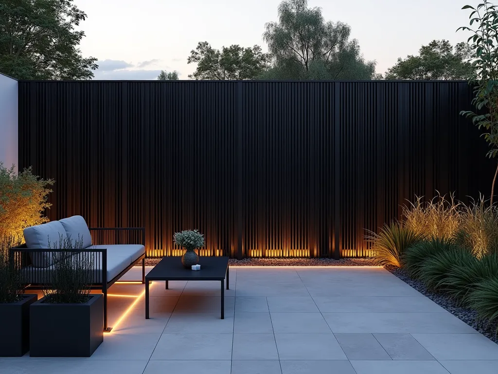 Contemporary Black Slatted Garden Screen - A stunning modern garden setting at dusk featuring a sophisticated black aluminum privacy screen with alternating wide and narrow vertical slats. The screen stands 8 feet tall against a minimalist landscaped background, with architectural grasses creating soft contrast. Warm LED uplighting casts dramatic shadows through the slats onto a light-colored concrete patio. The foreground shows sleek outdoor furniture and geometric planters with black bamboo. The composition is shot at a 45-degree angle to showcase the screen's depth and pattern. Photorealistic, high-end architectural photography style, shallow depth of field, atmospheric lighting.