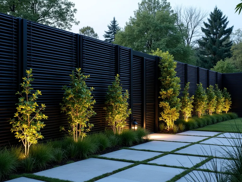 Modern Black Steel Cable Garden Fence - A sophisticated modern garden space at dusk featuring a sleek black steel cable fence system with horizontal cables stretched between matte black metal posts. The minimalist fence spans 15 feet, with climbing jasmine and clematis weaving through the cables creating an elegant green curtain effect. Soft landscape lighting illuminates the fence from below, casting dramatic shadows. The contemporary design is complemented by geometric concrete pavers and architectural grasses in the foreground. Shot from a 45-degree angle to showcase both the fence's linear patterns and the depth of the garden space.