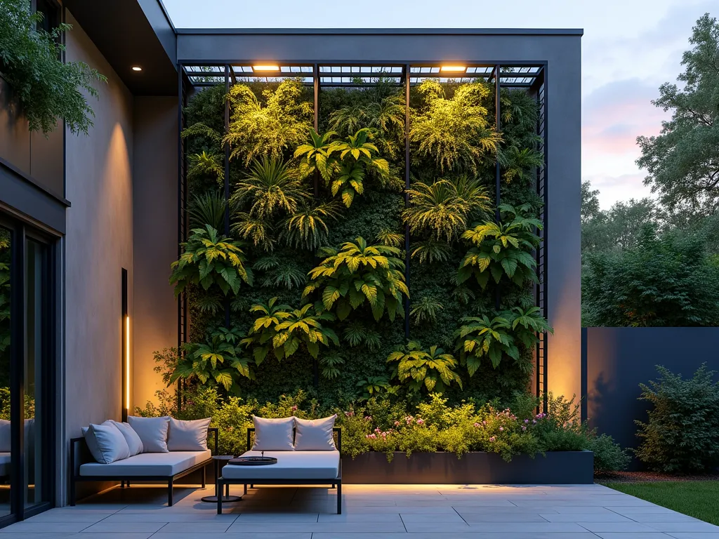 Modern Black Vertical Garden Wall at Dusk - A sleek black metal grid framework mounted on a contemporary home's exterior wall at dusk, showcasing a stunning vertical garden. The geometric framework is partially visible through a lush arrangement of cascading plants including ferns, ivy, and flowering perennials. Warm LED accent lighting illuminates the living wall from below, creating dramatic shadows and highlighting the textural contrast between the dark metal structure and vibrant greenery. Shot from a slight angle using a 16-35mm lens at f/2.8, capturing both the impressive height of the installation and the intricate detail of the plantings. The composition includes a modern patio setting with minimalist furniture beneath the living wall, emphasizing the space-saving design.