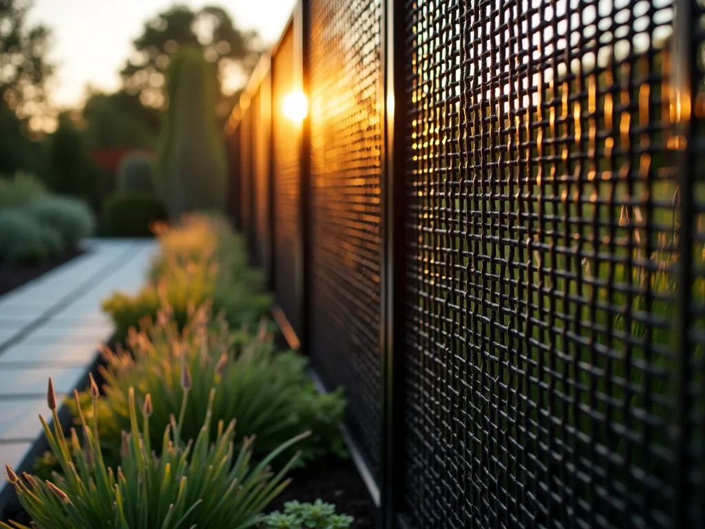 Modern Black Woven Metal Garden Fence - A stunning close-up photograph of a contemporary black metal garden fence featuring an intricate basket-weave pattern, captured during golden hour. The low sunlight casts dramatic shadows through the woven metal strips, creating a mesmerizing interplay of light and shadow. The fence is positioned alongside a modern garden bed filled with ornamental grasses and structured plantings. Shot with shallow depth of field highlighting the textural details of the metalwork, while the background softly blurs into a peaceful garden setting. The geometric pattern of the black metal strips creates a sophisticated architectural element that contrasts beautifully with the organic shapes of the surrounding vegetation.