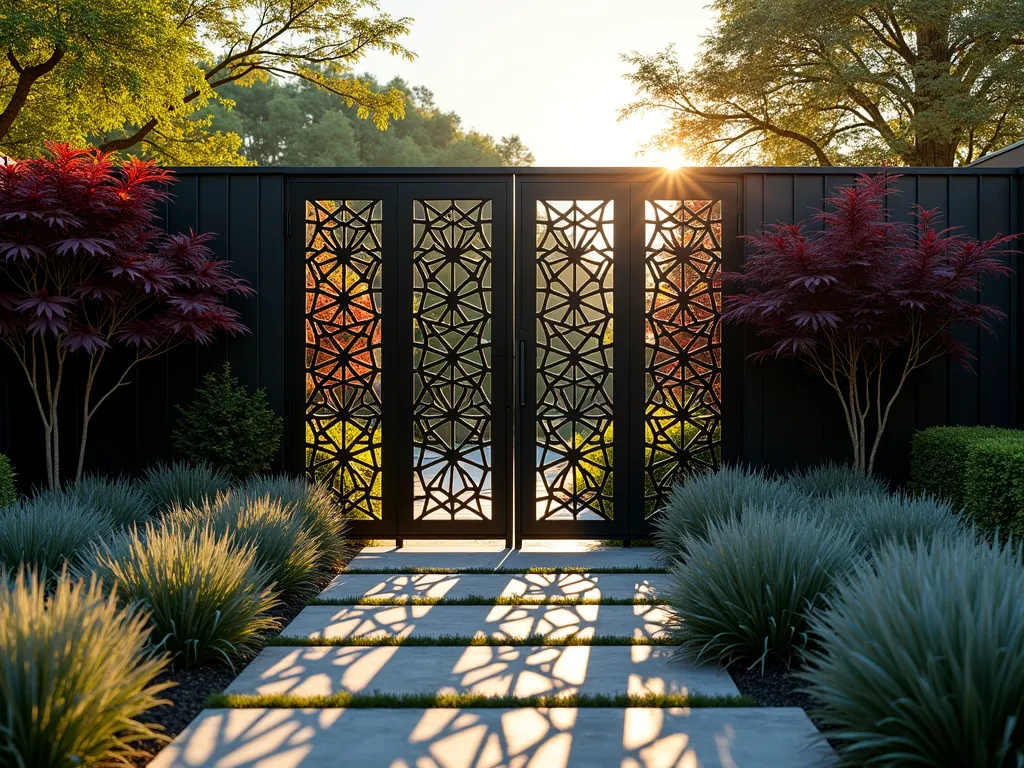 Modern Geometric Metal Garden Fence - A stunning black metal garden fence with intricate laser-cut geometric patterns casting dramatic afternoon shadows on a lush garden path. The 7-foot contemporary fence features overlapping hexagonal and triangular designs, photographed at golden hour. A modern zen garden with silver grass and black bamboo creates a striking contrast against the architectural fence. The wide-angle composition captures the interplay of light through the metalwork, while Japanese maples add splashes of deep burgundy. Professional DSLR photo with precise depth of field highlighting both fence detail and landscape, f/8, ISO 100, 1/125sec, natural lighting enhancing the dramatic shadow patterns.