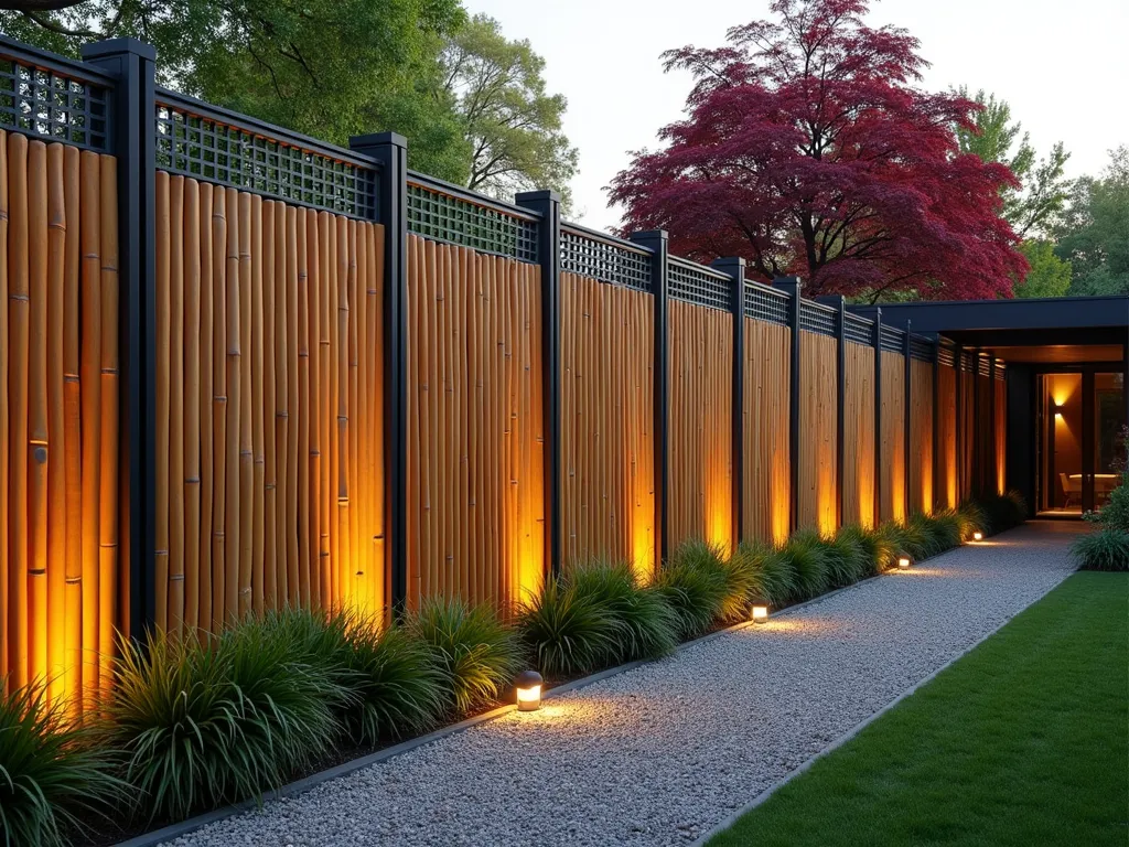 Modern Zen Bamboo-Steel Fence at Dusk - A stunning architectural garden fence featuring tall, natural bamboo poles elegantly contained within sleek matte black steel frames, photographed during golden hour. The fence spans 8 feet high, creating a sophisticated boundary in a modern zen garden. Natural light casts dramatic shadows through the bamboo onto a gravel path lined with Japanese forest grass. Contemporary outdoor spotlights illuminate the textural contrast between the organic bamboo and geometric steel frame. A Japanese maple tree with deep burgundy leaves provides a striking focal point against the fence. Wide-angle perspective captures the entire fence section with careful attention to the intersection of materials and architectural details.