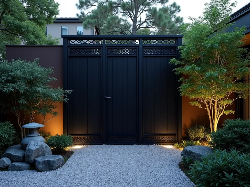 Zen Black Japanese Garden Screen - A serene twilight garden scene featuring an elegant black-painted wooden privacy screen with intricate Japanese kumiko patterns casting delicate shadows. The screen stands 7 feet tall, complemented by a small stone lantern and a pristine gravel garden. In the foreground, carefully manicured Japanese maple and bamboo plants add layers of texture. Soft landscape lighting illuminates the scene, creating a peaceful meditation space. The wooden screen's geometric patterns are inspired by traditional Japanese design, with diamond and hexagonal motifs. Wide-angle perspective captures the entire zen garden composition with the black screen as the stunning focal point.